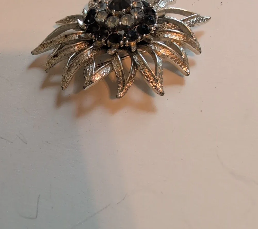 Vintage Signed Cora Silver Floral Crystal Brooch